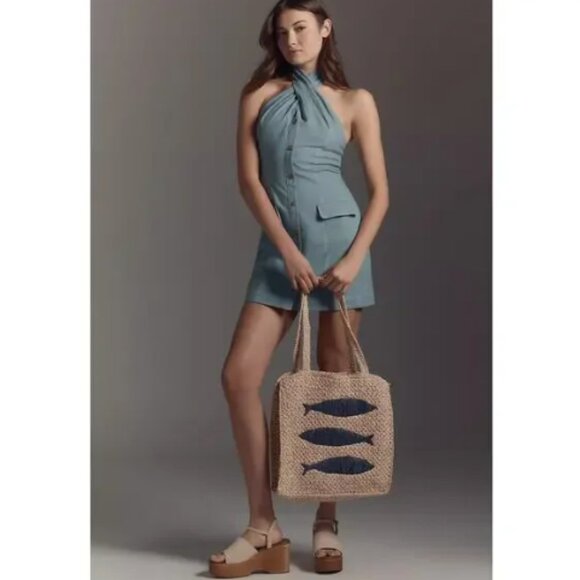 Maeve Twist-Halter Linen Blend Mini Dress Light Blue XS - Picture 2 of 16